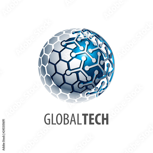Digital sphere global link technology logo concept design. 3D three dimensional style. Symbol graphic template element