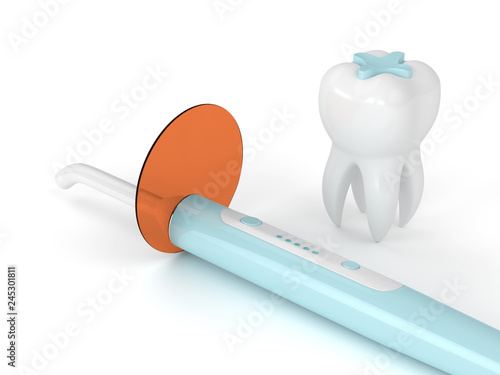 3d render of dental polymerization lamp and inlay tooth