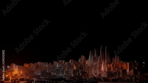 3d city with bright red flashes on a dark background