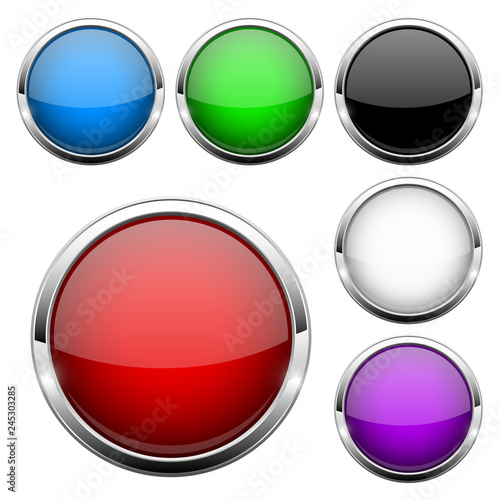 Glass buttons set. Shiny round colored 3d web icons