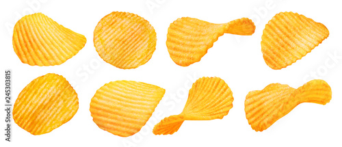Potato ridged chips isolated on white background photo