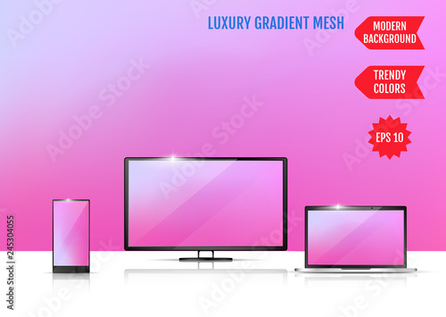 Modern abstract background. Colors transition concept. Gradient mesh. Trendy colored Surface. An example of the use of the proposed background on the screen of a laptop, smartphone and TV