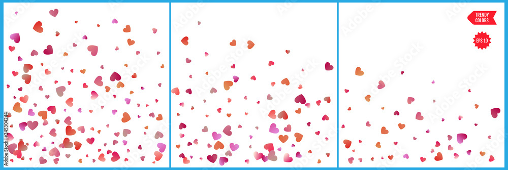 Red and pink hearts confetti celebrations. Simple festive modern design. Holiday vector. Set 3 in 1