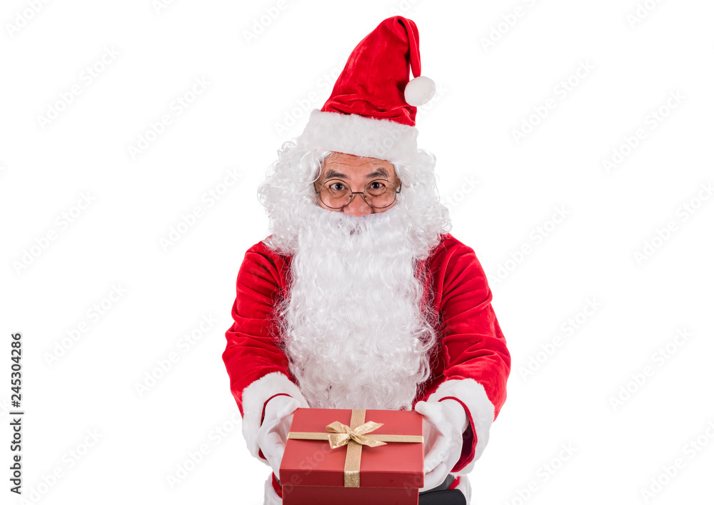 Closed up of Hand's Santa Claus carrying Gift Box to delivery christmas gifts isolated on white background . Christmas and happy new year festival concept .