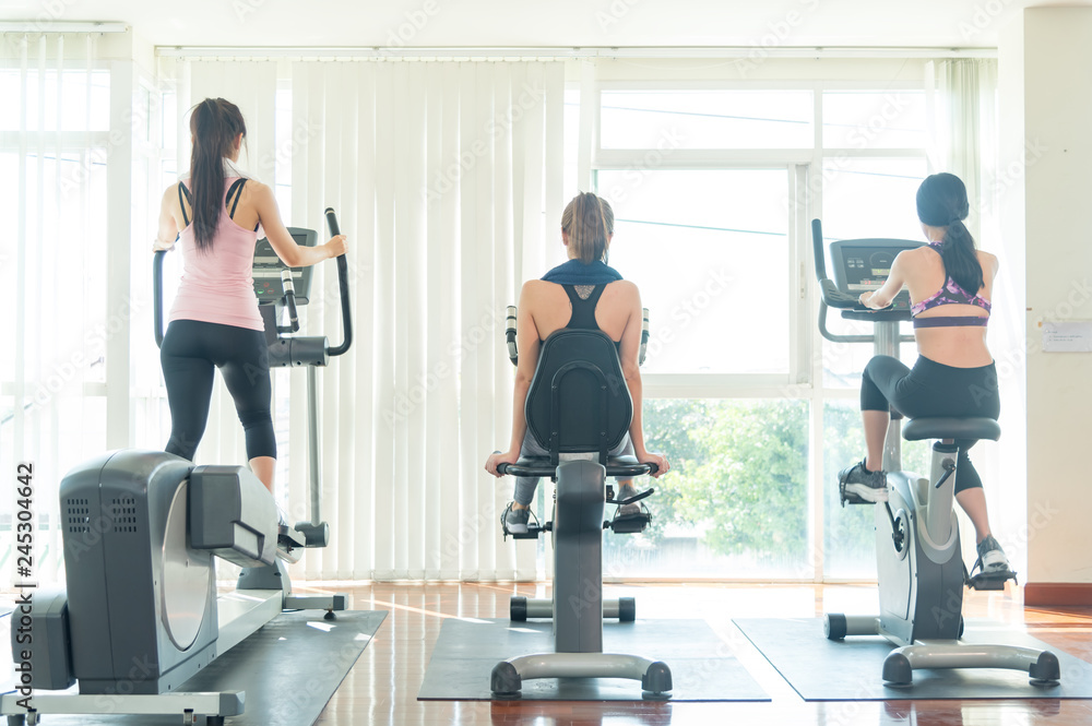 Fototapeta premium Closed up of strong beautiful brunette young thoughtful fit sportive woman training exercises with Weight training equipment in sport gym fitness center ,with copy space.Healthy sport fitness concept