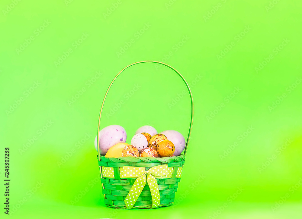 Colorful Easter eggs in a basket on soft green background