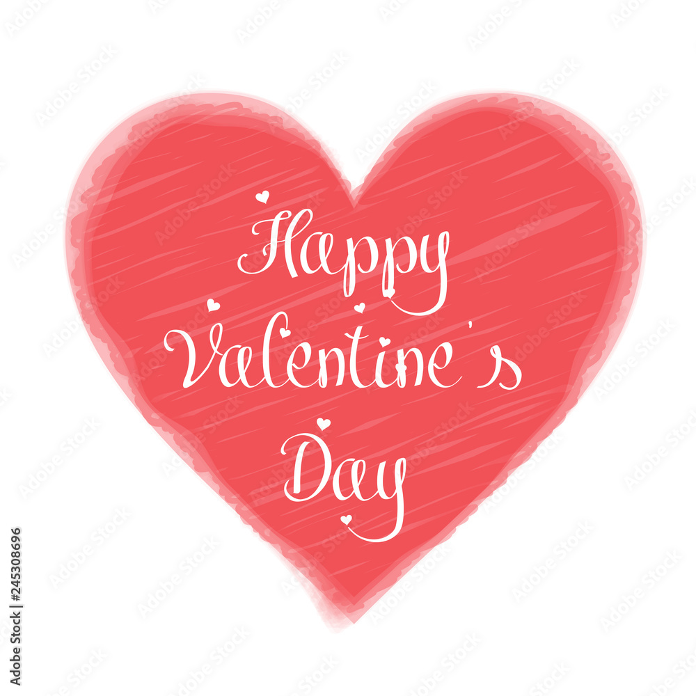Happy Valentine's day greeting card template with typography text in red heart shape with lettering, isolated on white background.