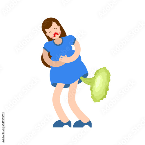 Woman fart sick stomach. female farting. Digestive Disease