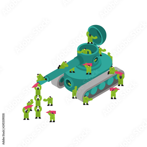 Tank and soldiers. War machine. Tankman and whizzbang combat. Service of military equipment