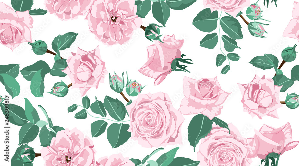 Seamless Floral Rose Pattern with Leaves.