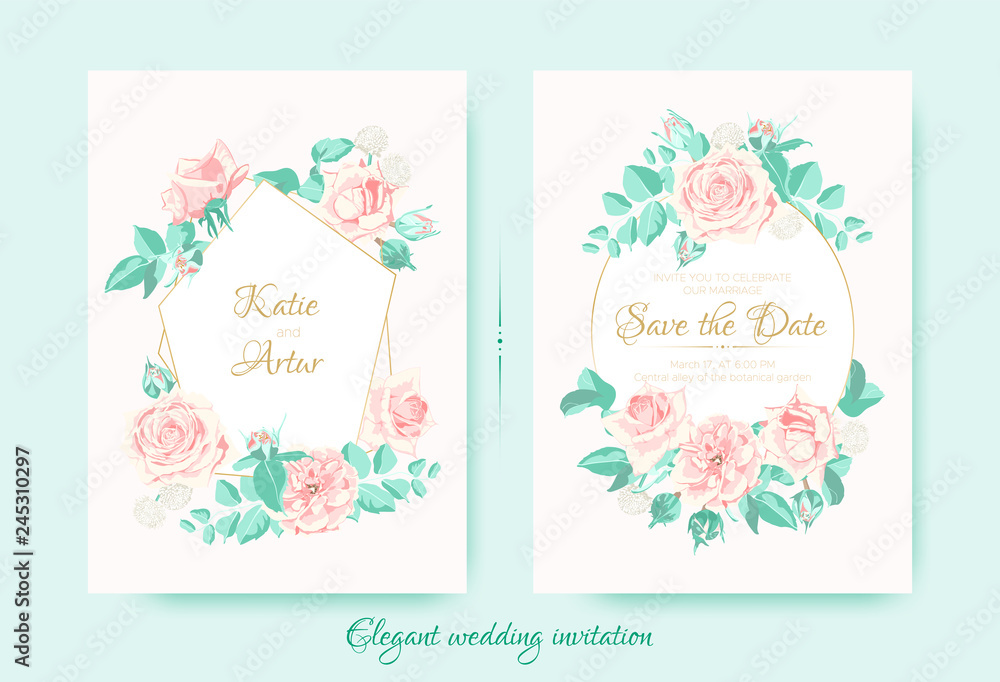 Wedding Invite with Roses Composition and Border.