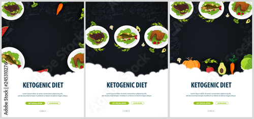 Set of Ketogenic Diet banners, Healty Keto food. Low carbs ketogenic diet food. Vector Illustration