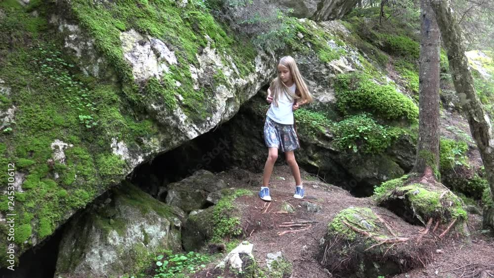 Child Walking in Forest, Kid Hiking Mountains, Girl Playing in Camping Adventure Child Walking in Forest, Kid Hiking Mountains, Girl Playing in Camping Adventure
