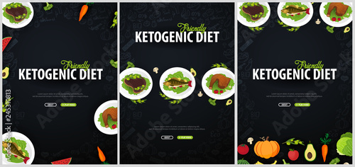 Set of Ketogenic Diet banners, Healty Keto food. Low carbs ketogenic diet food. Vector Illustration