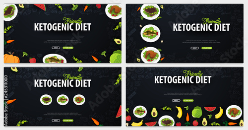 Set of Ketogenic Diet banners, Healty Keto food. Low carbs ketogenic diet food. Vector Illustration