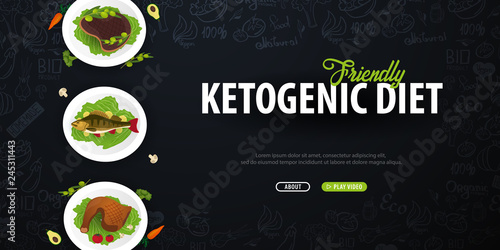 Ketogenic Diet banner, Healty Keto food. Low carbs ketogenic diet food. Vector Illustration