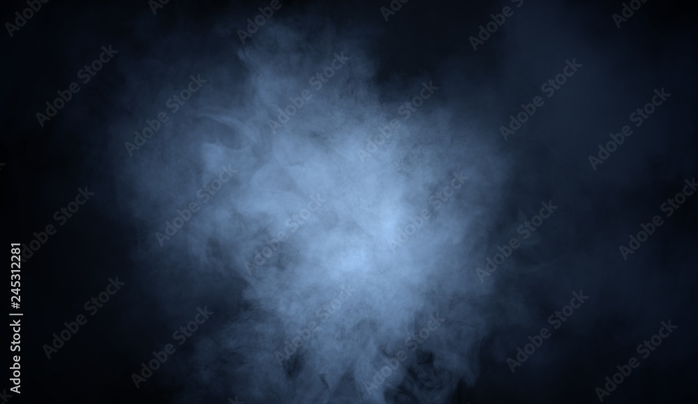 Blue fog and misty effect on black background. Smoke texture overlays - obrazy, fototapety, plakaty 