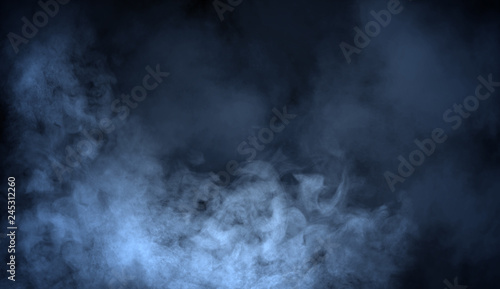 Blue fog and misty effect on black background. Smoke texture overlays
