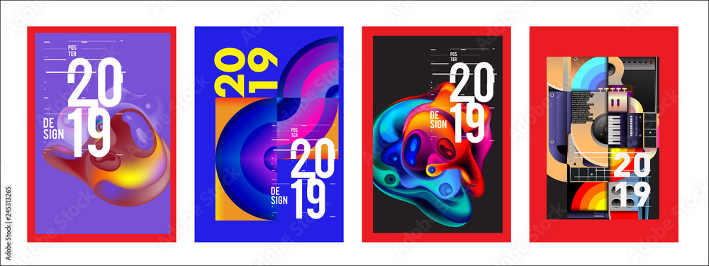 2019 New Poster Design Template. Trendy Vector Typography and Colorful Illustration Collage for Cover and Page Layout Design Template in eps10