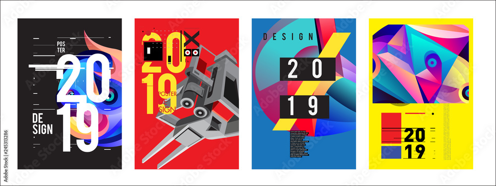 2019 New Poster Design Template. Trendy Vector Typography and Colorful Illustration Collage for Cover and Page Layout Design Template in eps10 2019 New Poster Design Template. Trendy Vector Typography and Colorful Illustration Collage for Cover and Page Layout Design Template in eps10