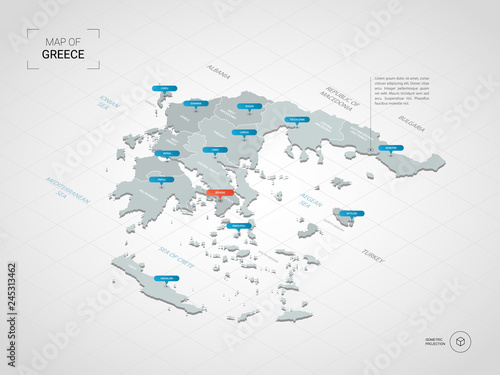 Isometric  3D Greece map. Stylized vector map illustration with cities, borders, capital, administrative divisions and pointer marks; gradient background with grid.