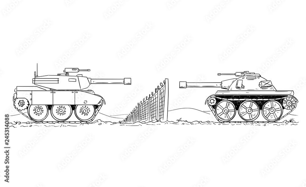 Cartoon drawing conceptual illustration of two enemy tanks defending on against each other on border line ready to fight. Concept of conflict and war.