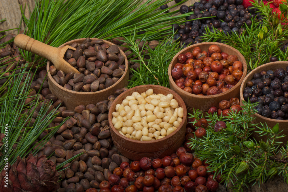 cedar nuts and juniper berries on wooden background cedar nuts and juniper berries on wooden background