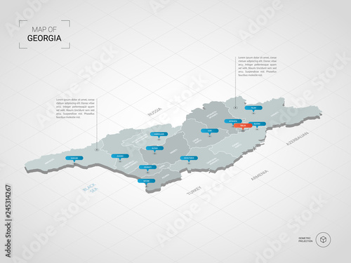 Isometric 3D Georgia map. Stylized vector map illustration with cities, borders, capital, administrative divisions and pointer marks; gradient background with grid.