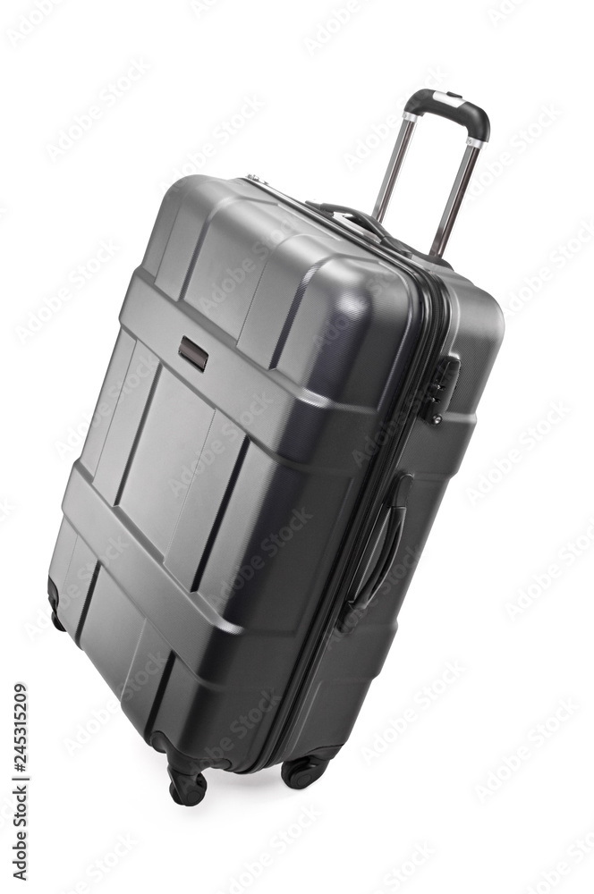 Naklejka premium Big black plastic luggage bag with wheels for travel