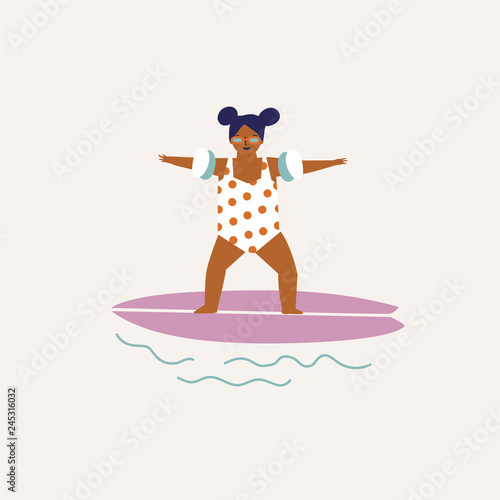 Kids surfing illustration in vector. Summer travel poster or card.