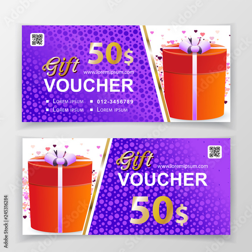 Vector red gift voucher template for department stores, business. LIlac bright vector design on white red background. 50 dollars.