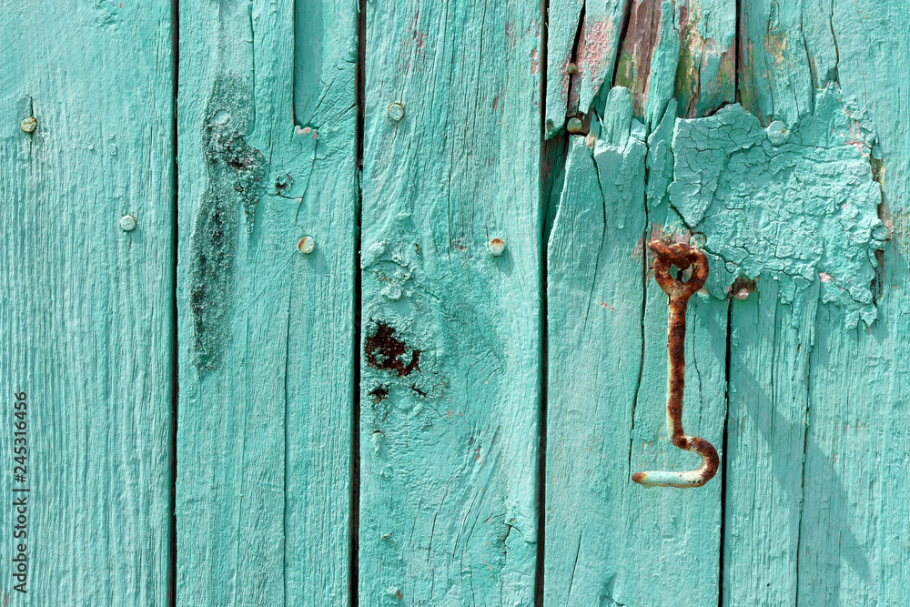 Green peeling paint on an old wooden barn wall. Green peeling paint on an old wooden barn wall.