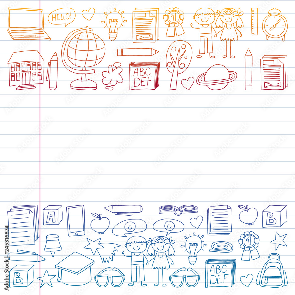 Vector set of Back to School icons in doodle style. Painted, colorful, gradient on a piece of linear paper on white background. Vector set of Back to School icons in doodle style. Painted, colorful, gradient on a piece of linear paper on white background.