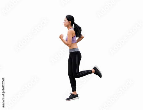 Asian tan woman beside wearing sport bar jogging action on background