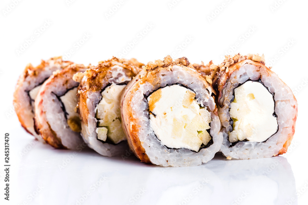 sushi rolls on white background isolated. Traditional Japanese cuisine sushi rolls on white background isolated. Traditional Japanese cuisine