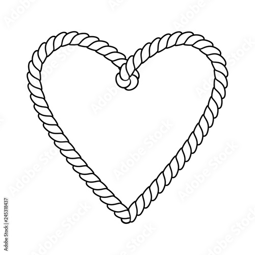 Black and white twine rope heart, love bonds, valentine day concept, vector