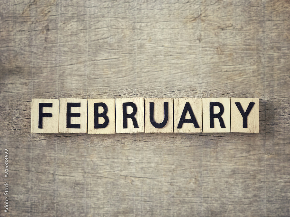 Obraz premium Motivational and inspirational word - ‘FEBRUARY’ written on wooden blocks and arranged on a wooden table.