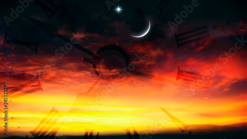 Paradise heaven . Red sunset and moon . Ramadan background . Half moon and star . Beautiful star . Sunset and new moon . Beautiful sky © yaalan