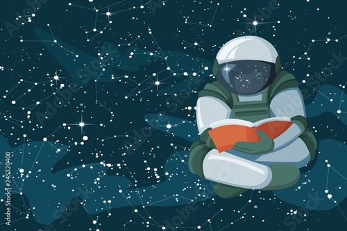 Floating astronaut reading a book in the open space, concept of poster