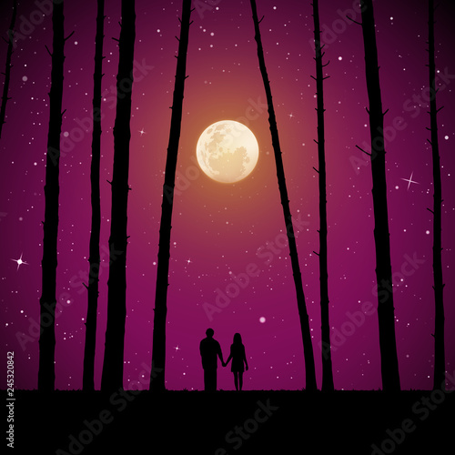 Lovers in forest on moonlit night. Vector illustration with silhouette of loving couple. Full moon in starry sky