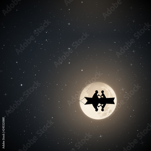 Lovers in boat on moonlit night. Vector illustration with silhouette of loving couple. Full moon in starry sky