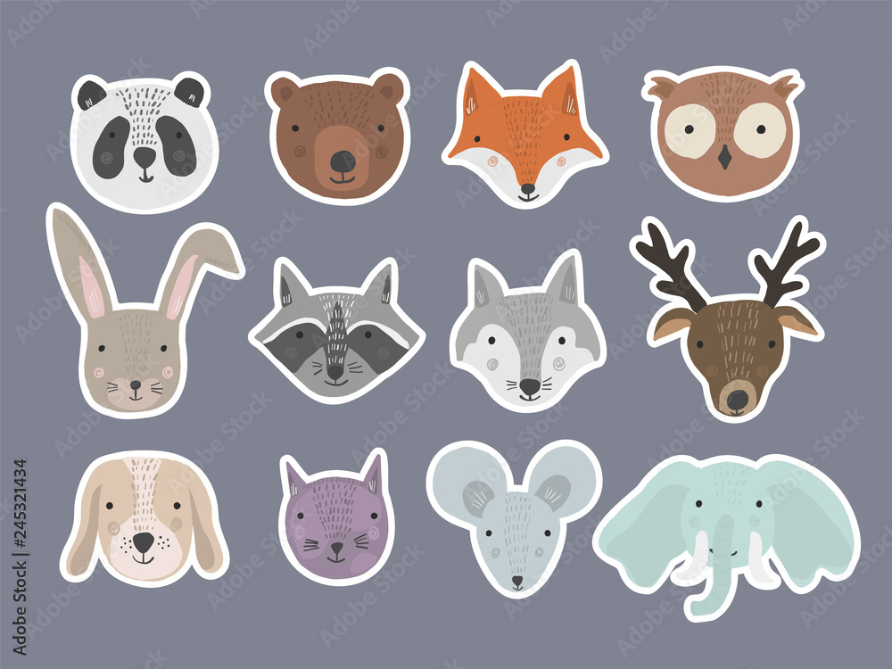 Set of cute cartoon hand drawn animals stickers. Vector illustration of wild and domestic animal heads as panda, wolf, fox, raccoon, cat, deer for pattern, print design, kids app and book decoration