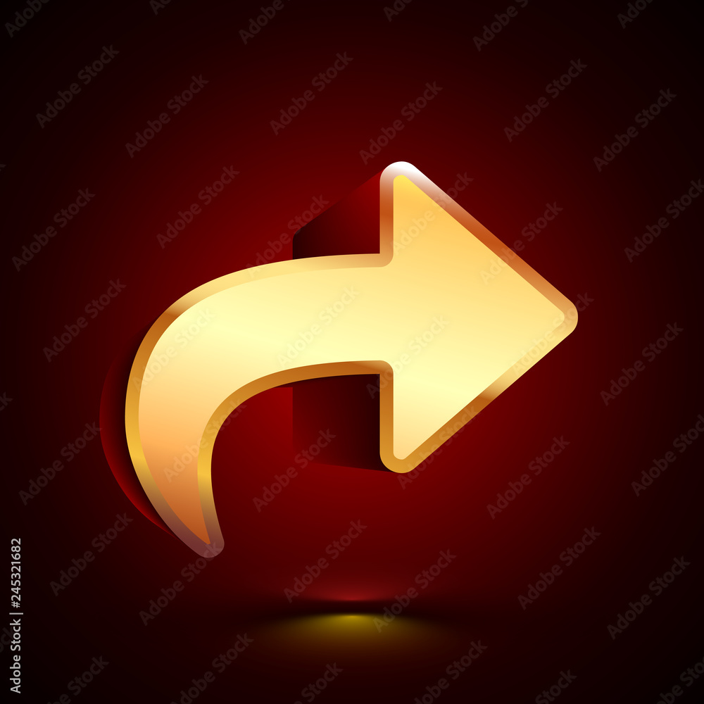 3D stylized Share Arrow icon. Golden vector icon. Isolated symbol illustration on dark background. 3D stylized Share Arrow icon. Golden vector icon. Isolated symbol illustration on dark background.
