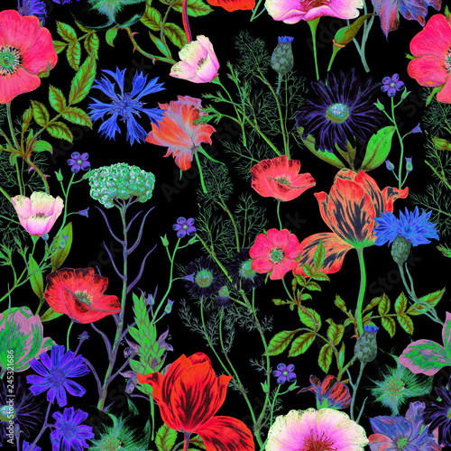 Fototapeta Naklejka Na Ścianę i Meble -  Seamless pattern of neon garden flowers
