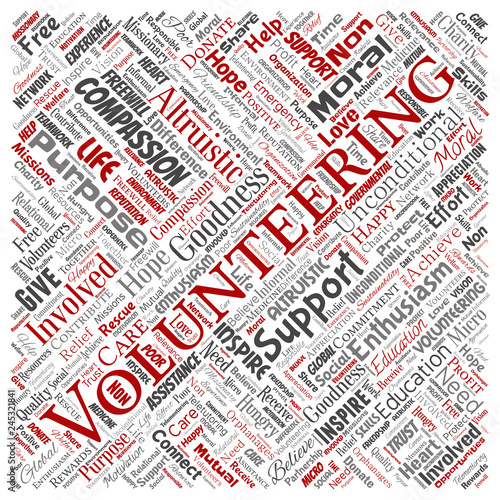 Vector conceptual volunteering, charity, humanitarian square red word cloud isolated background. Collage of selfless, support, philanthropy, nonprofit,  goodness, togetherness, giving concept