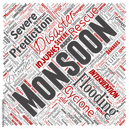 Vector conceptual monsoon dangerous weather square red meteorology word cloud isolated background. Collage of tropical dramatic storm force, strong wind blowing, rain hail thunderstorm concept design