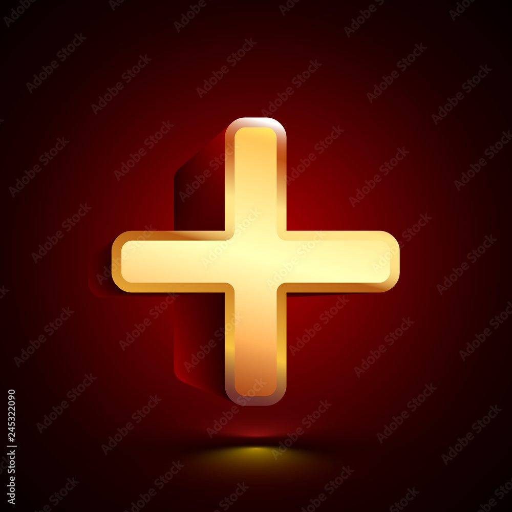 Obraz premium 3D stylized Plus icon. Golden vector icon. Isolated symbol illustration on dark background.