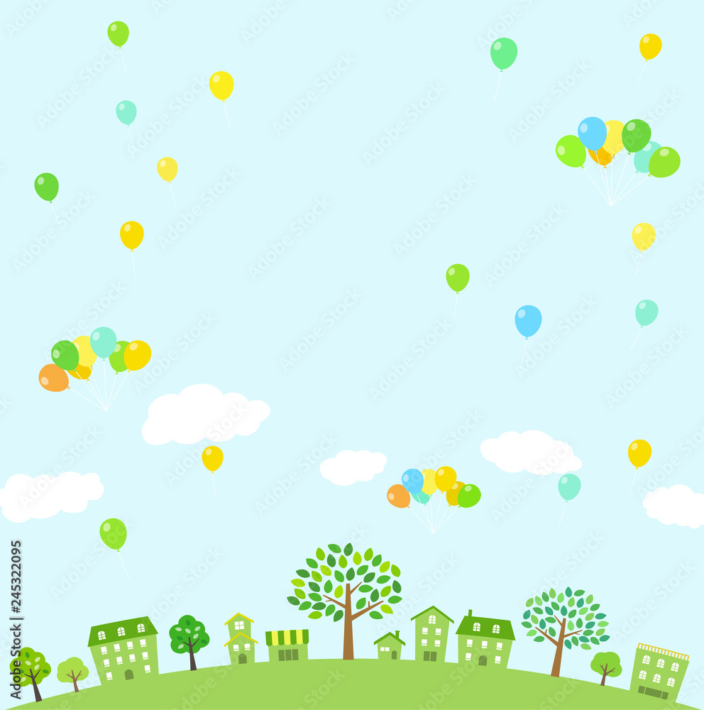 Green townscape and balloon