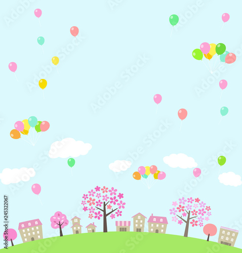 town of cherry blossom trees and balloon