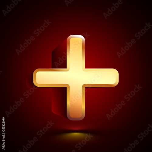 3D stylized Plus icon. Golden vector icon. Isolated symbol illustration on dark background.